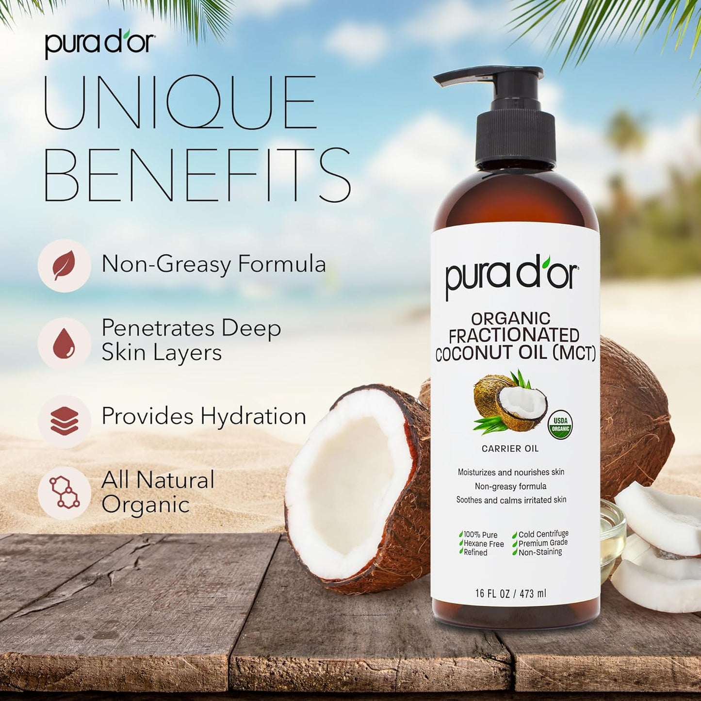 PURA D'OR 16 Oz ORGANIC Fractionated Coconut Oil – USDA Certified – MCT Oil – Therapeutic, Hydrating, Lightweight Moisturizer – Hexane Free Carrier Oil For Essential Oils & Massage – Face, Hair & Body