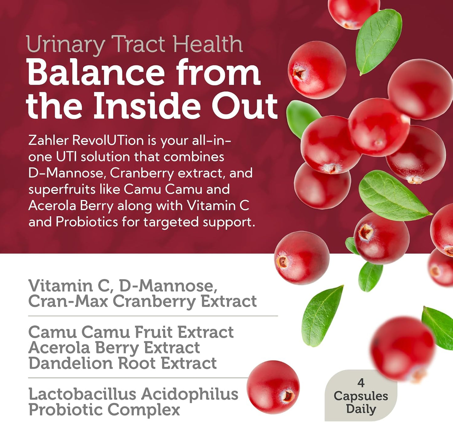 Zahler Revolution - Complete Womens Urinary Tract Health Formula with Probiotics - UTI Pills - 1200mg D-Mannose and Cranberry Supplement - Urinary Tract Infection Support for Women (60 Capsules)