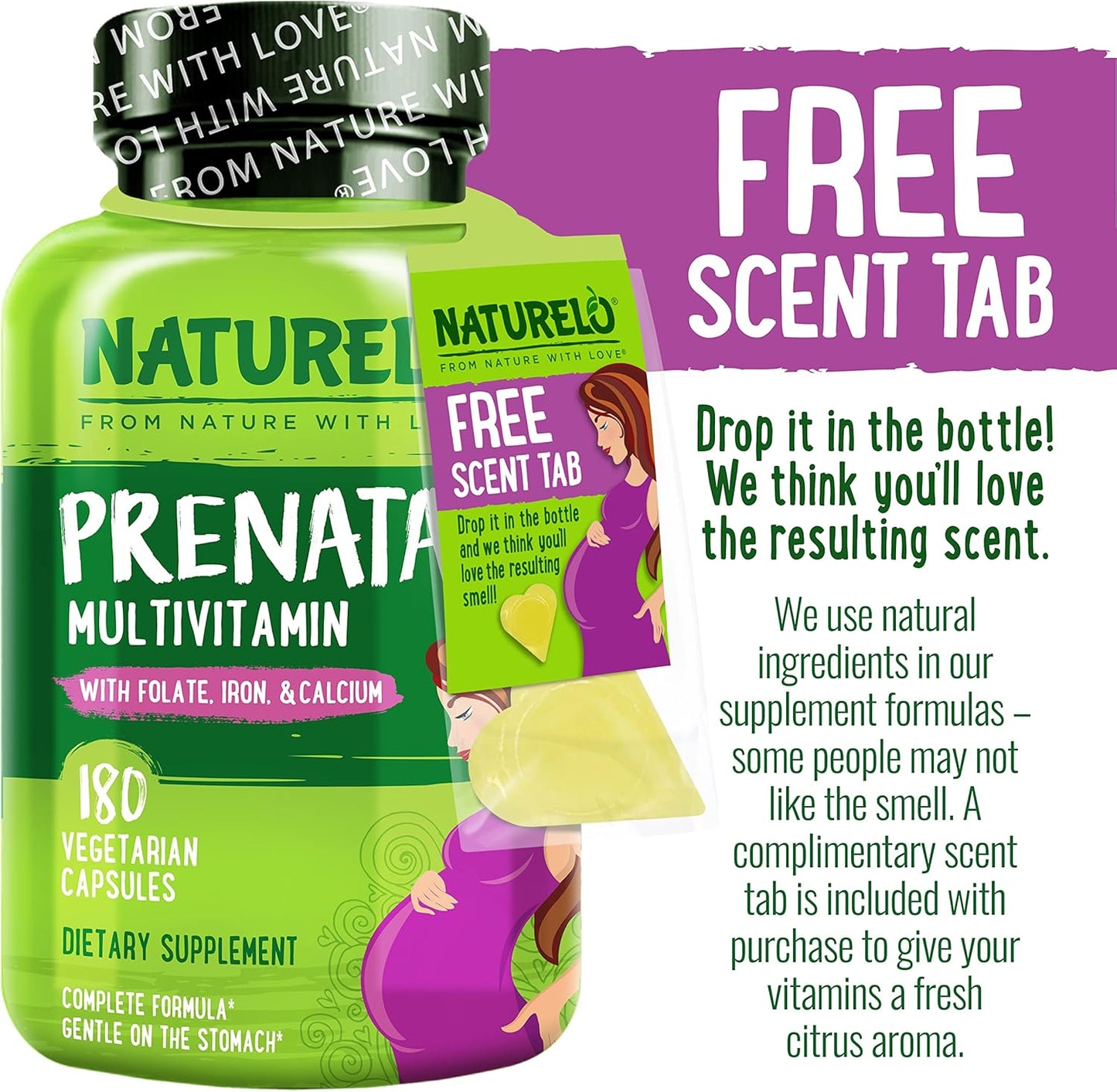 NATURELO Prenatal Multivitamin with Gentle Chelated Iron, Methyl Folate, Plant Calcium & Choline - Vegan, Vegetarian - Non-GMO - Gluten Free - 180 Capsules - 2 Month Supply