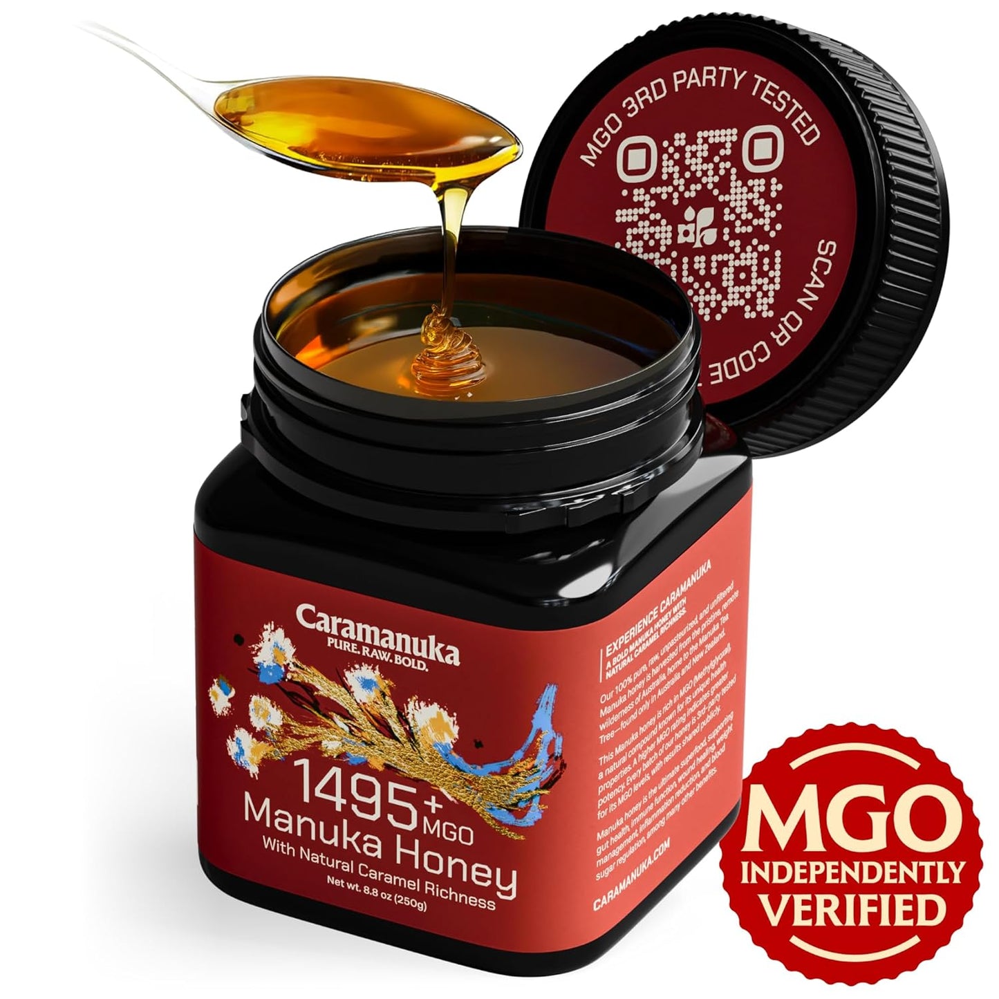 Caramanuka Manuka Honey MGO 1495+ / 100% Raw, Pure, Unfiltered & Unpasteurized, 3rd Party Tested, Ultra-Potent, Glyphosate-Free, Australian Premium Manuka Honey