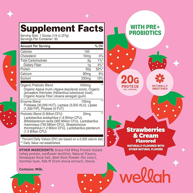 Wellah Grass-Fed Whey Protein Isolate Powder (Strawberries and Cream) 30 Servings - with Prebiotics, Enzymes & Probiotics, 20g of Protein, 100 Calories, Naturally Sweetened