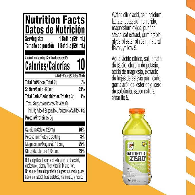 Gatorlyte Zero Electrolyte Beverage, Lemon Lime, Zero Sugar Hydration, Specialized Blend of 5 Electrolytes, No Artificial Sweeteners or Flavors, 20 Fl Oz Bottles (Pack of 12)