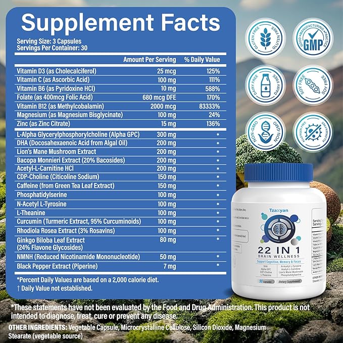 Brain Supplements for Memory and Focus, Clarity & Cognitive Improvement, 300mg Alpha GPC, CDP-Choline, DHA, Lion’s Mane, L-Theanine, Vitamin & Phosphatidylserine for Men & Women, 90 Capsules, 2PACK