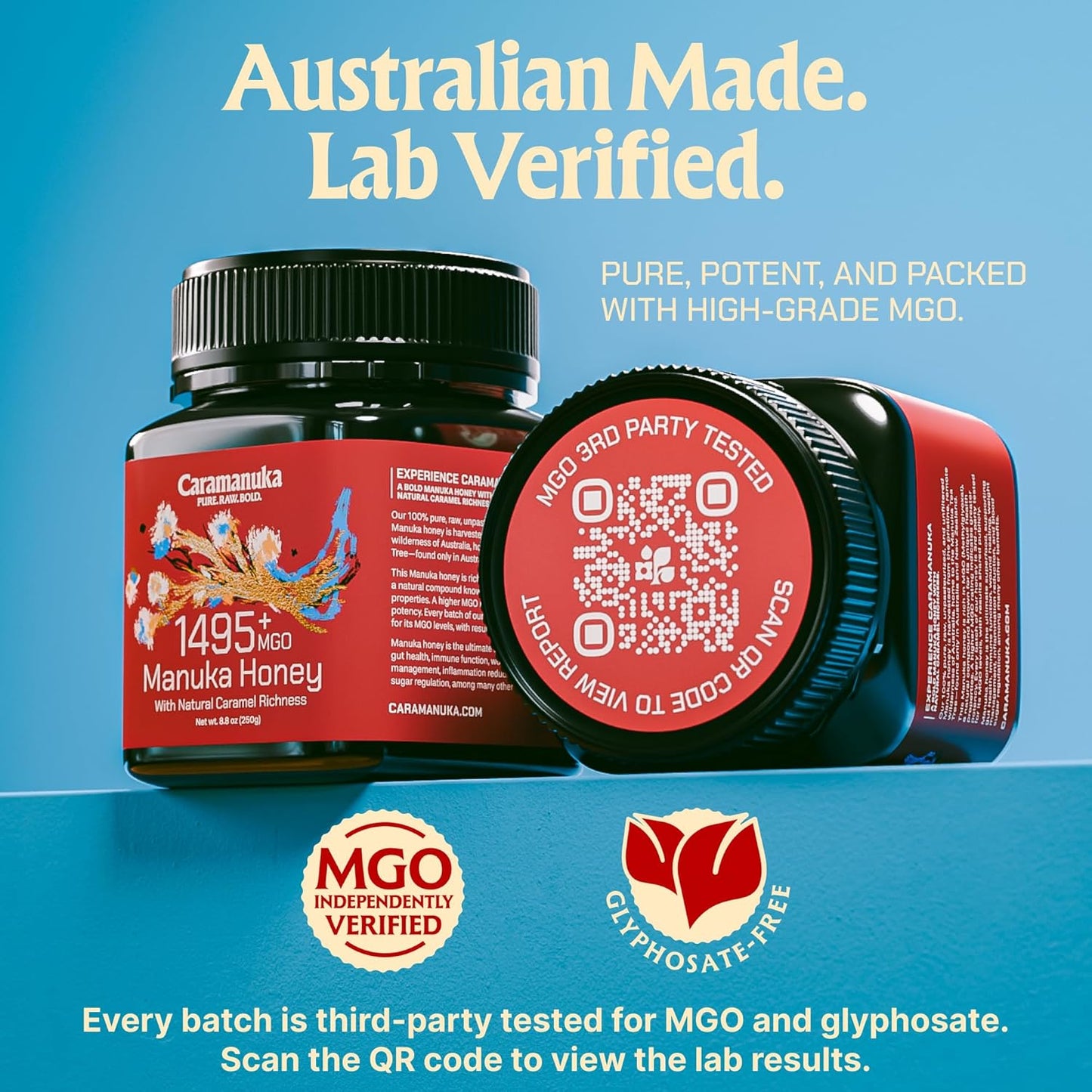 Caramanuka Manuka Honey MGO 1495+ / 100% Raw, Pure, Unfiltered & Unpasteurized, 3rd Party Tested, Ultra-Potent, Glyphosate-Free, Australian Premium Manuka Honey