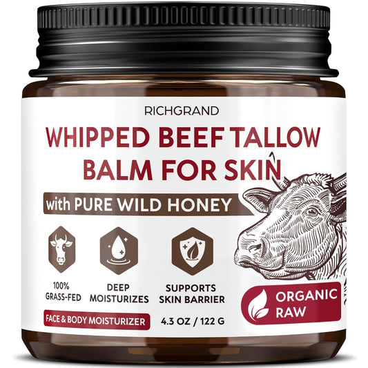 Beef Tallow for Skin - Whipped Tallow and Honey Balm - Grass Fed Beef Tallow for Face, Daily Moisturizer & Body Butter - Natural Non Comedogenic Skincare (4.3 oz)