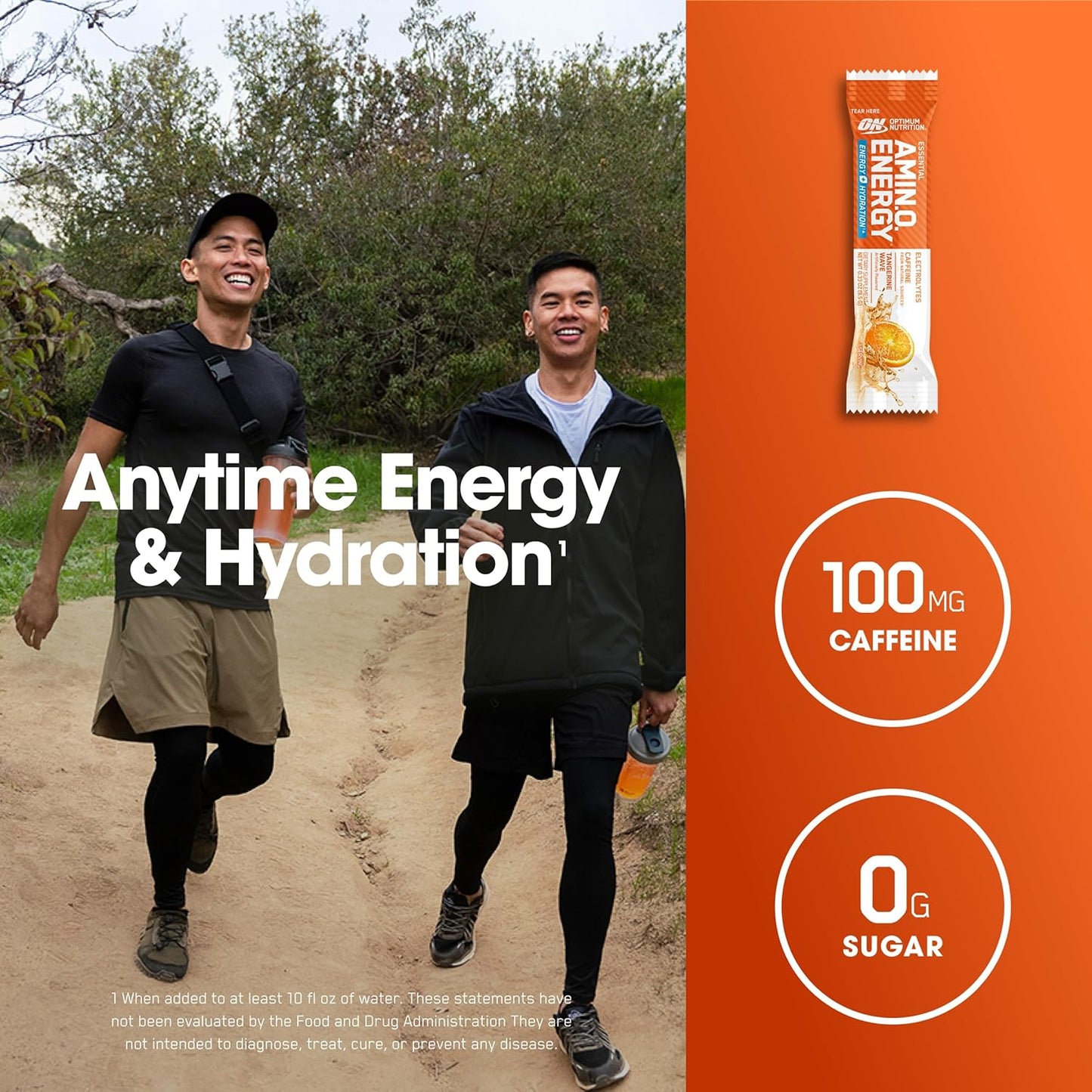 Optimum Nutrition Essential Amino Energy Plus Electrolytes Stick Packs, Energy Powder, Tangerine Wave, 7 Count