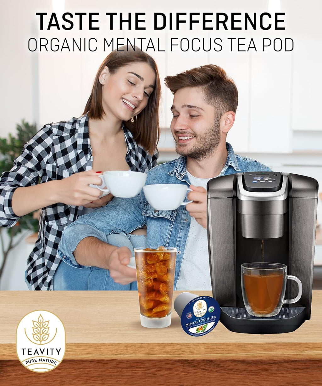 Organic Tea Pods with Moringa, Pepeppermint, Holy Basil & Turmeric - Naturally Decaf Tea - Mental Focus by Teavity (12 Tea Pods)