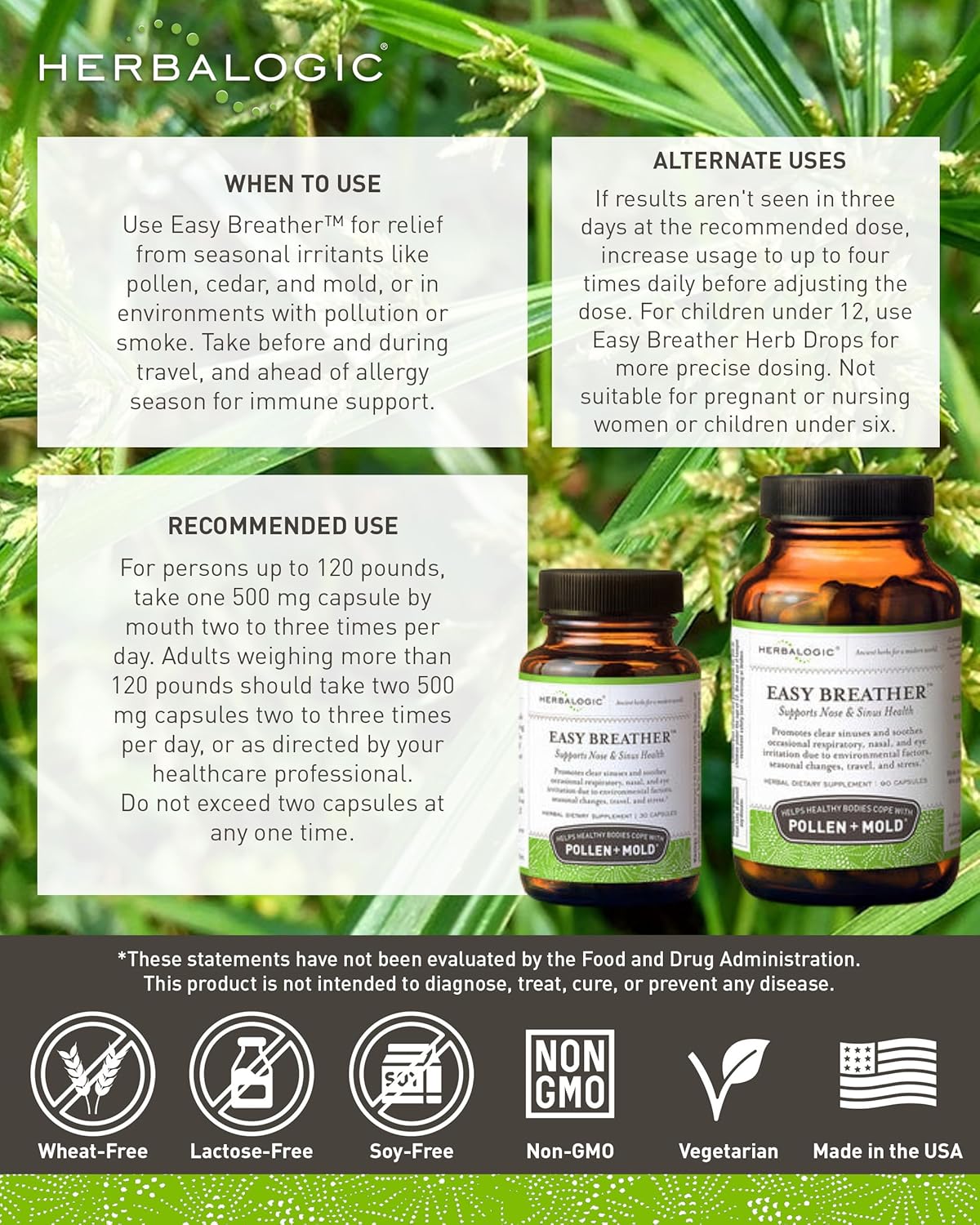 Herbalogic - Easy Breather Herb Capsules - Supports Nose & Sinus Health - Helps Healthy Bodies Cope with Pollen & Mold - Based on The Traditional Chinese Formula Yu Ping Fang San - 30 Cap Count