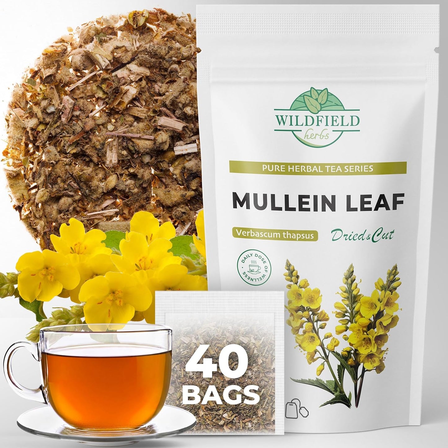 40 Bags Mullen Tea Mullein Tea Leaf (Verbáscum L.) - 40 Count 1.5g Bags Mullen Leaves Mullein Loose Leaf Hoja De Gordolobo