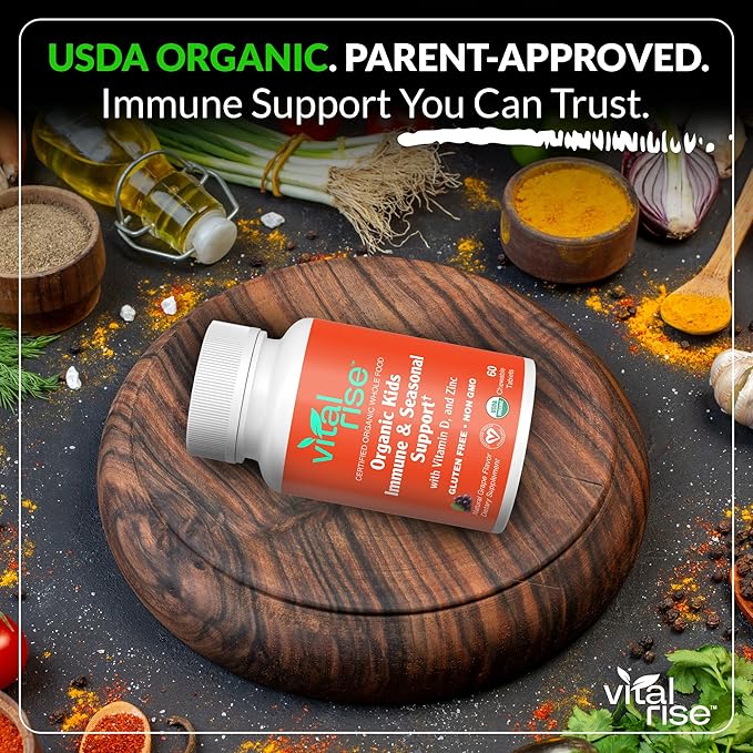 Kids Immune Support Chewables – USDA Organic – Vitamin C, D3, Zinc Supplements & Elderberry – Vegan, Non-GMO, Gluten Free – Seasonal Immune Defense for Children Ages 4+ – 60 Count