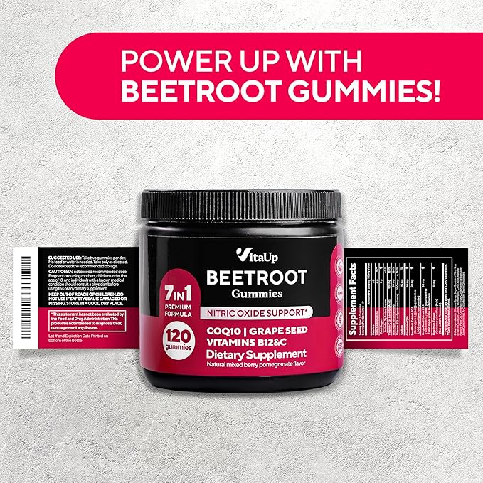 Beet Root Gummies – Nitric Oxide Beets Supplements – with CoQ10, Grape Seed, Vitamin C, B12 & B3 – 120 Beets Chews