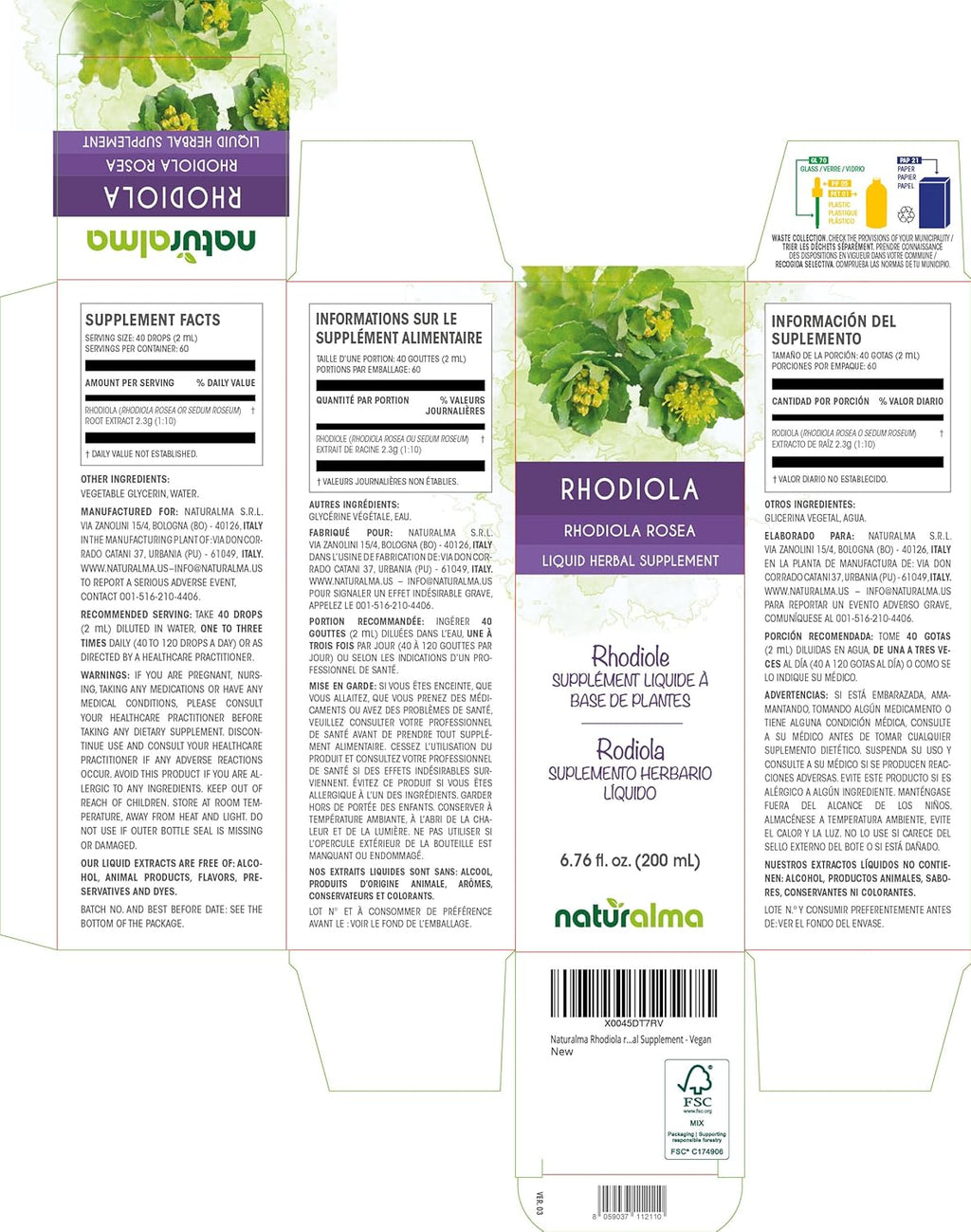 Naturalma Rhodiola rosea (Sedum roseum) Root Alcohol-Free Tincture - 6.76 fl oz Liquid Extract in Drops - Herbal Supplement - Vegan