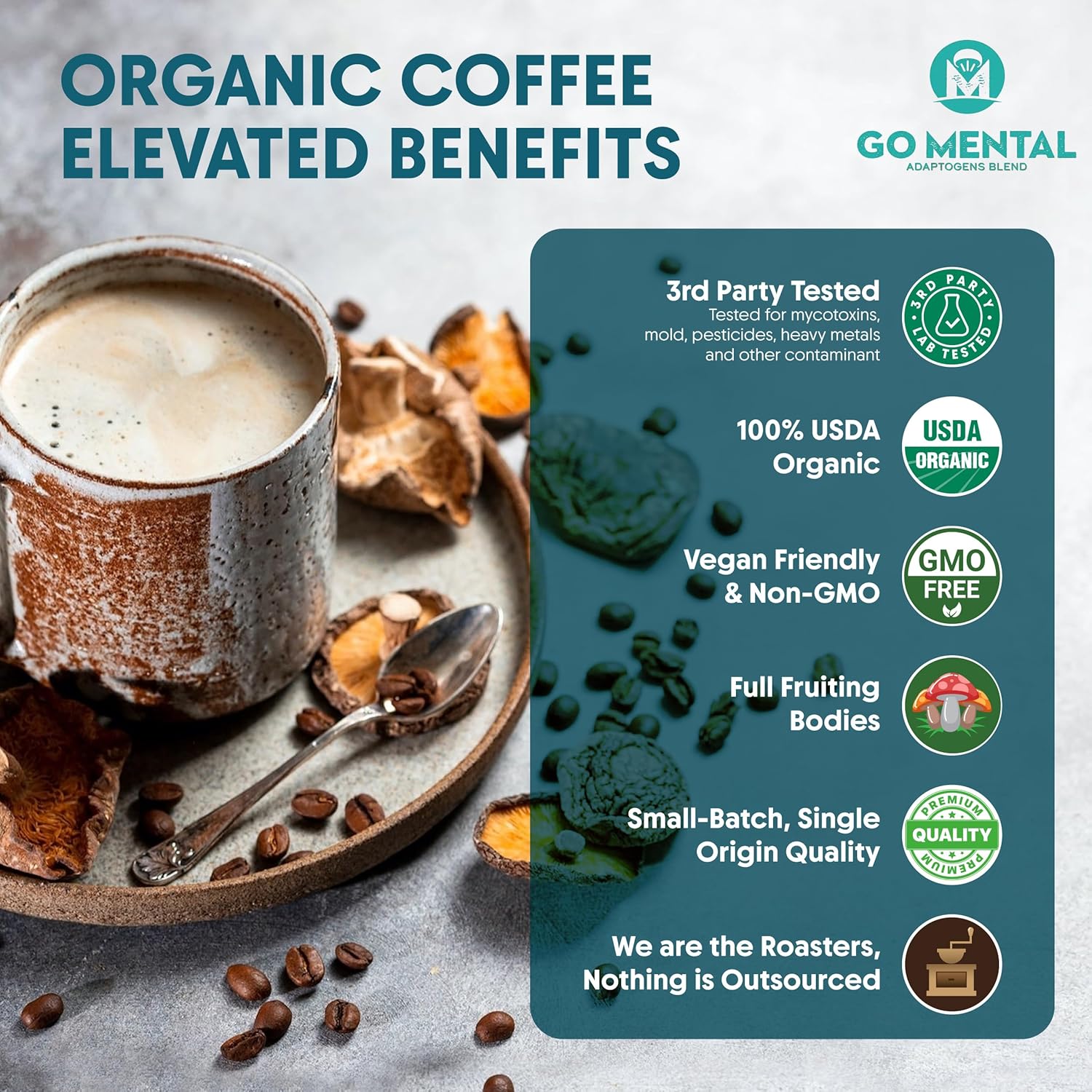 Organic Lion's Mane & Chaga Mushroom Coffee Ground Dark Roast, Full Fruiting Bodies, For Enhanced Brain Function, Immune Support, Wellbeing Grade 1 Single Origin, 12oz - Ground