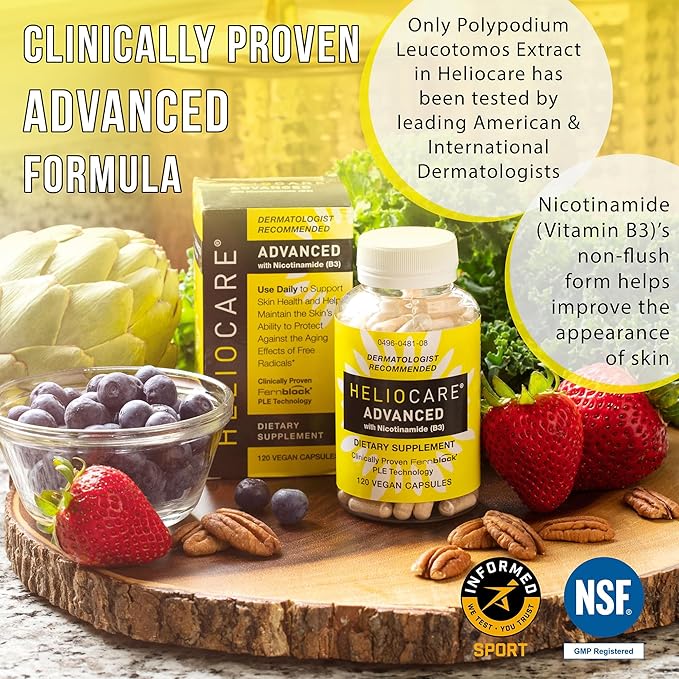 Heliocare Advanced Niacin B3 Supplement: Fernblock PLE Extract 240mg Per Serving - Supports Skin Cell Health W/Antioxidant Rich Vitamin B3 Niacin 500 mg - 120 Vegan Capsules
