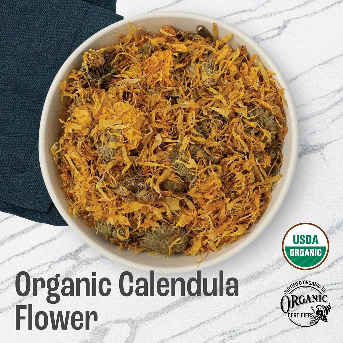 J Mac Botanicals, Organic Calendula Flower (4 ounce), whole dried flowers and petals, loose leaf tea, marigold flower, USDA Certified Organic. Great for loose leaf teas, cocktail bombs, salve
