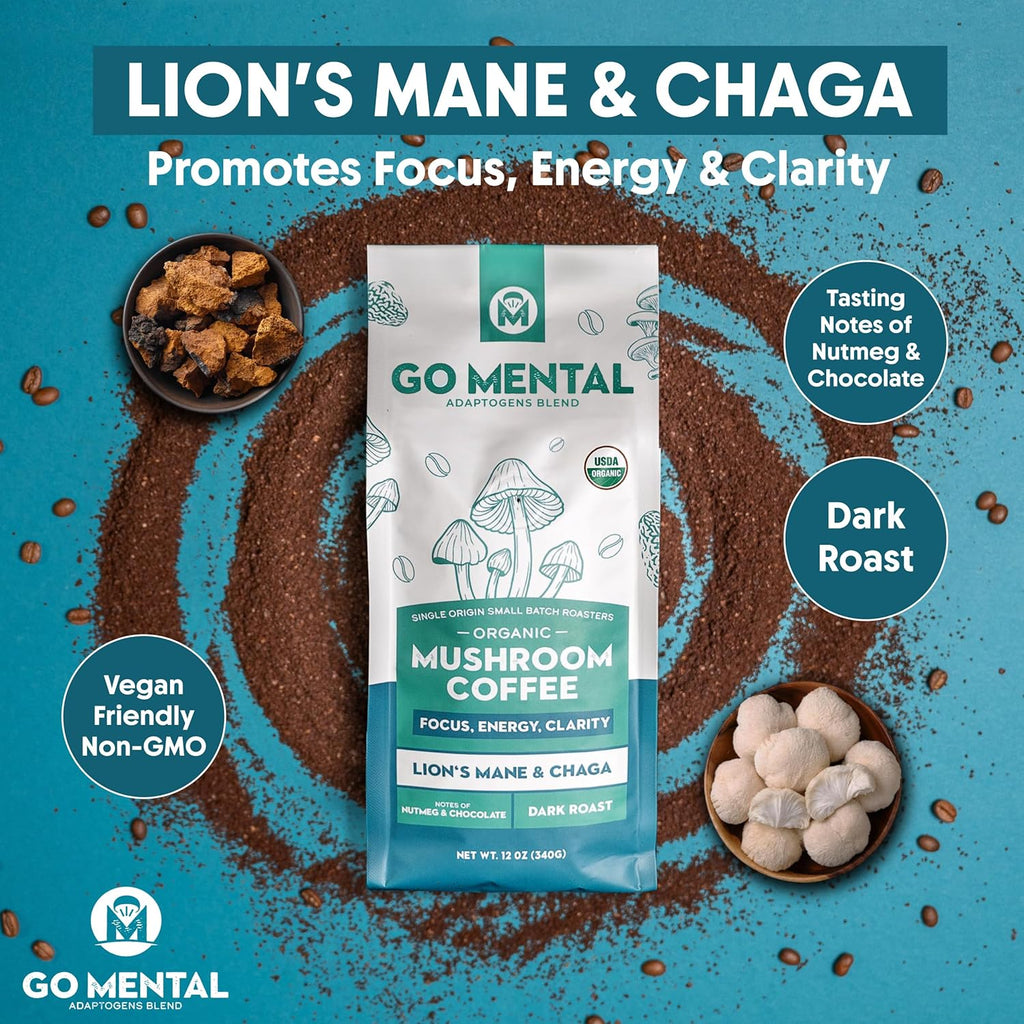 Organic Lion's Mane and Chaga Mushroom Coffee Dark Roast, Full Fruiting Bodies, For Enhanced Brain Function, Immune Support, Wellbeing, Grade 1 Single Origin Peruvian, 12oz - Ground (2 Pack)
