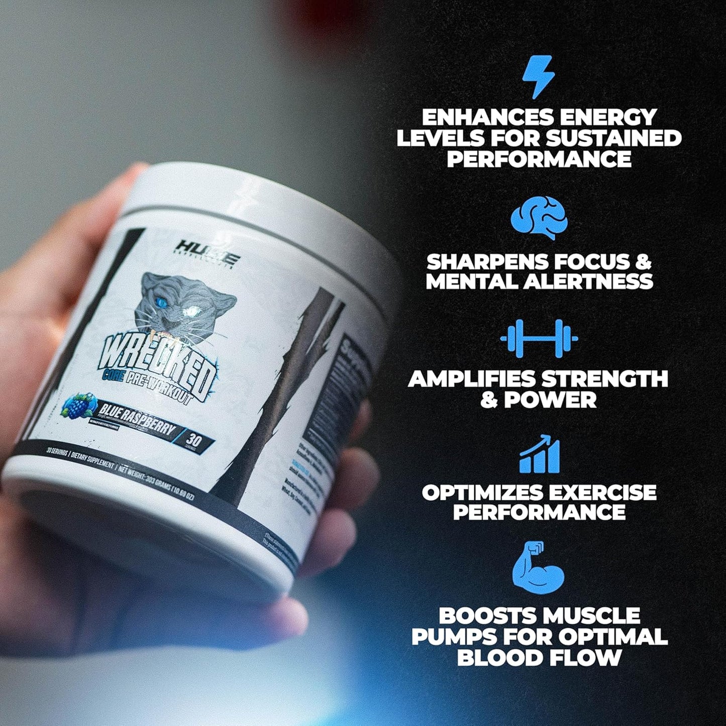 Wrecked Core - All-in-One Pre-Workout Supplement for Men & Women, Increase Energy, Focus & Pumps with L-Citrulline, Beta-Alanine, L-Tyrosine & More (30 Servings) - Blue Raspberry