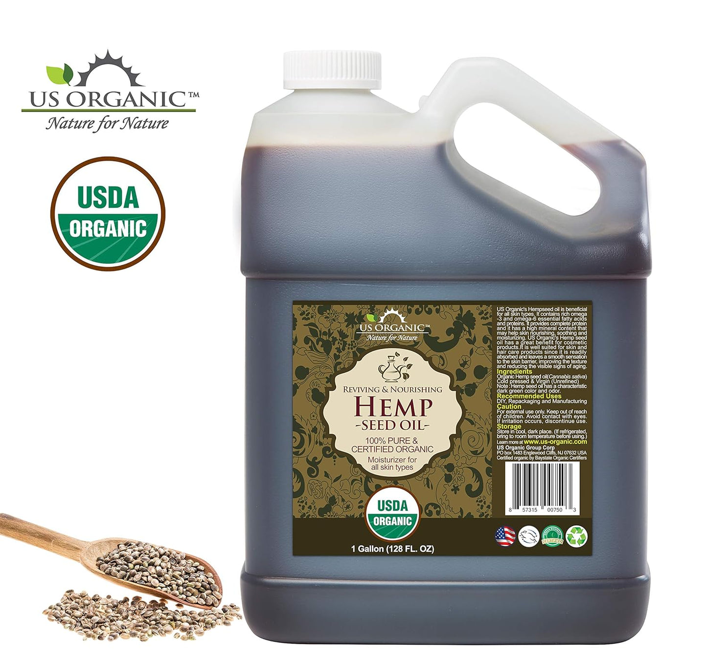 US Organic Hemp Seed Oil, Certified Organic, Pure & Natural, Cold Pressed Virgin, Unrefined, Size for DIY and small manufacturers (128 oz (1 Gallon))