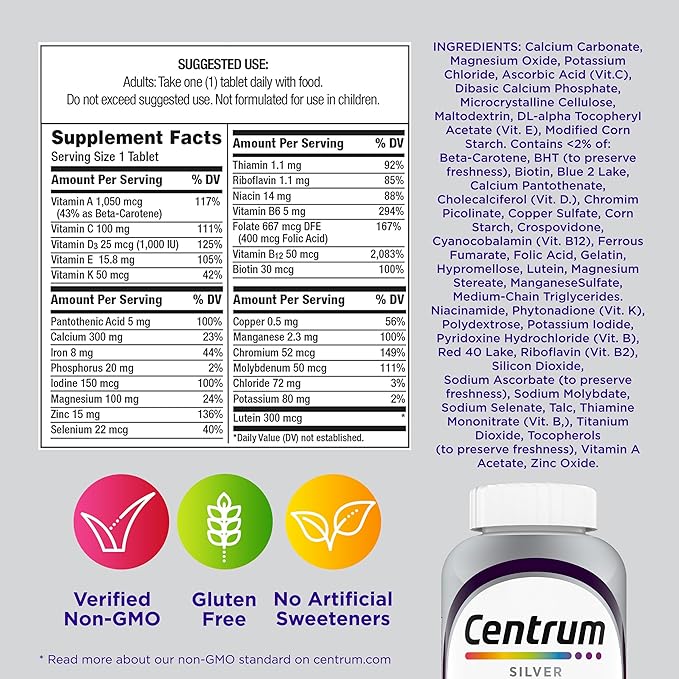 Centrum Silver Women's Multivitamin for Women 50 Plus, Multivitamin/Multimineral Supplement with Vitamin D3, B Vitamins, Non-GMO Ingredients, Supports Memory and Cognition in Older Adults - 200 Ct