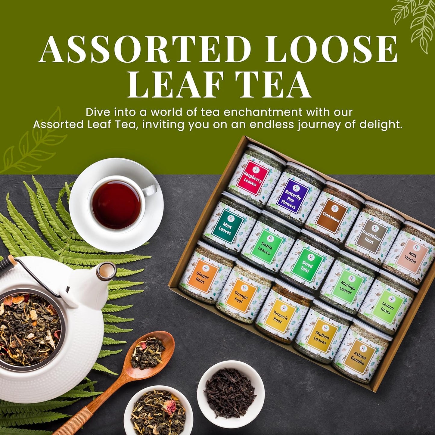 Assorted Loose Leaf Tea | 15 Delightful Herbs | Upto 900 Servings | 100% Raw & Natural | Add Health to your Soups, Smoothies, Teas and more | By Yogi's Gift®