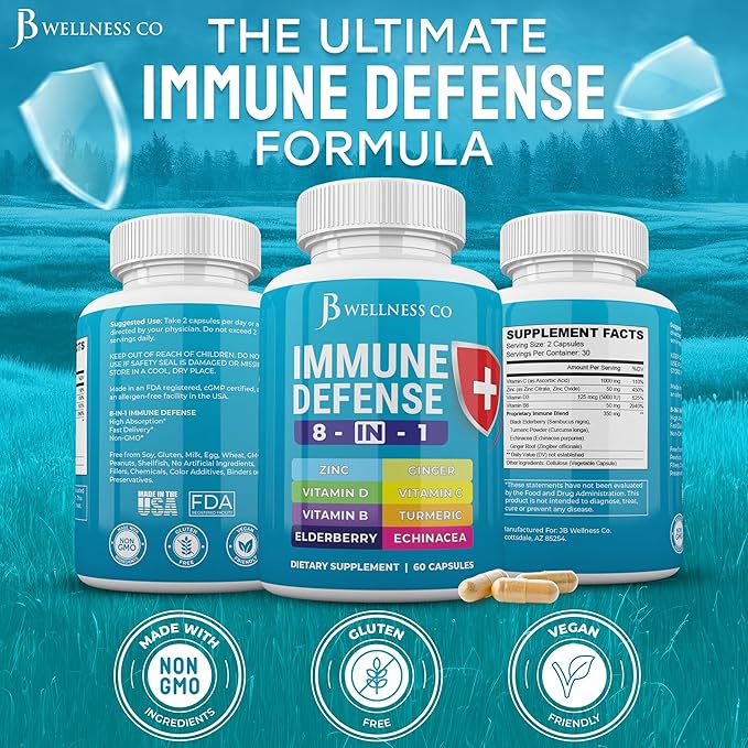 Immune Support 8 in 1 Capsules - Zinc Supplement, Vitamin D3, Vitamin C and Elderberry - Immune Booster Supplement with Echinacea, Ginger Root, and Turmeric - [3-Pack, 180 Count]