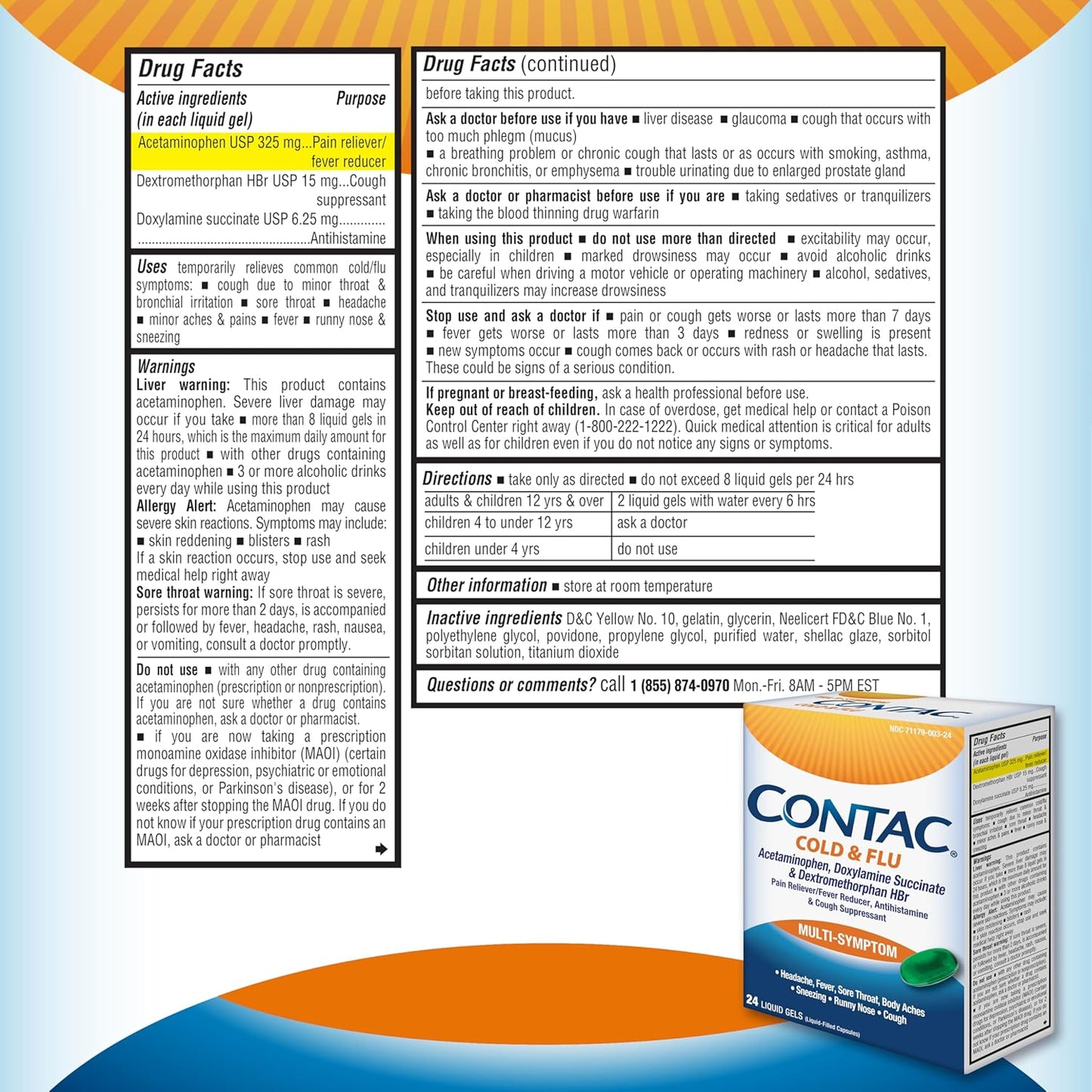 Contac Cold & Flu Medicine, Powerful, Multi-Symptom Relief for Pain, Fever, Sore Throat, Body Aches, Sneezing, Runny Nose & Cough, 24 Count Liquid Gels
