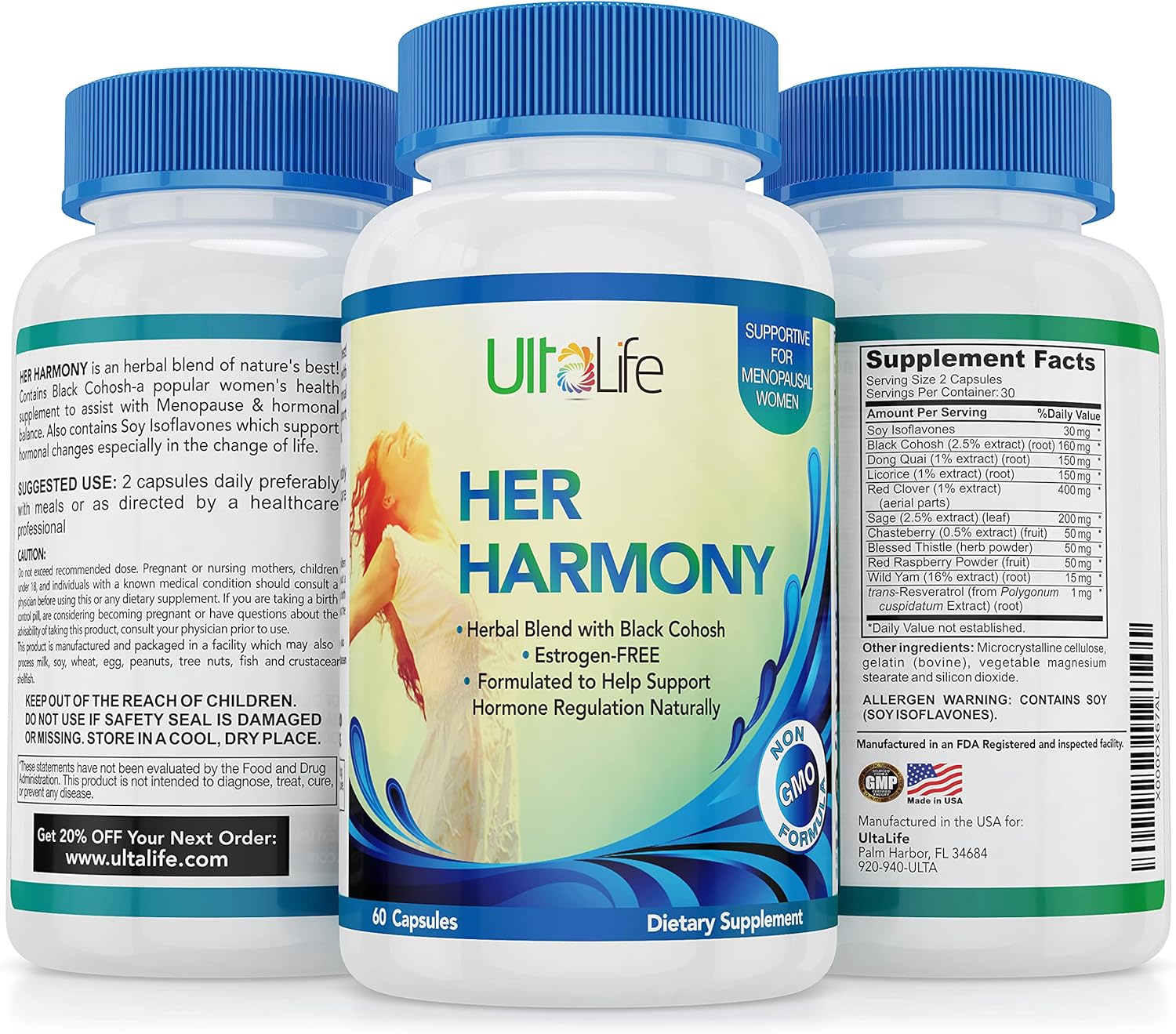 UltaLife Her Harmony Menopause Supplements for Women - Hot Flashes Menopause Relief & Hormone Balance for Women - Contains Black Cohosh, Dong Quai, Red Clover & More - Estrogen Free - 60 Capsules