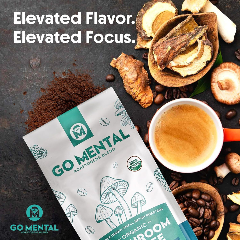 Organic Lion's Mane and Chaga Mushroom Coffee Dark Roast, Full Fruiting Bodies, For Enhanced Brain Function, Immune Support, Wellbeing, Grade 1 Single Origin Peruvian, 12oz - Ground (2 Pack)