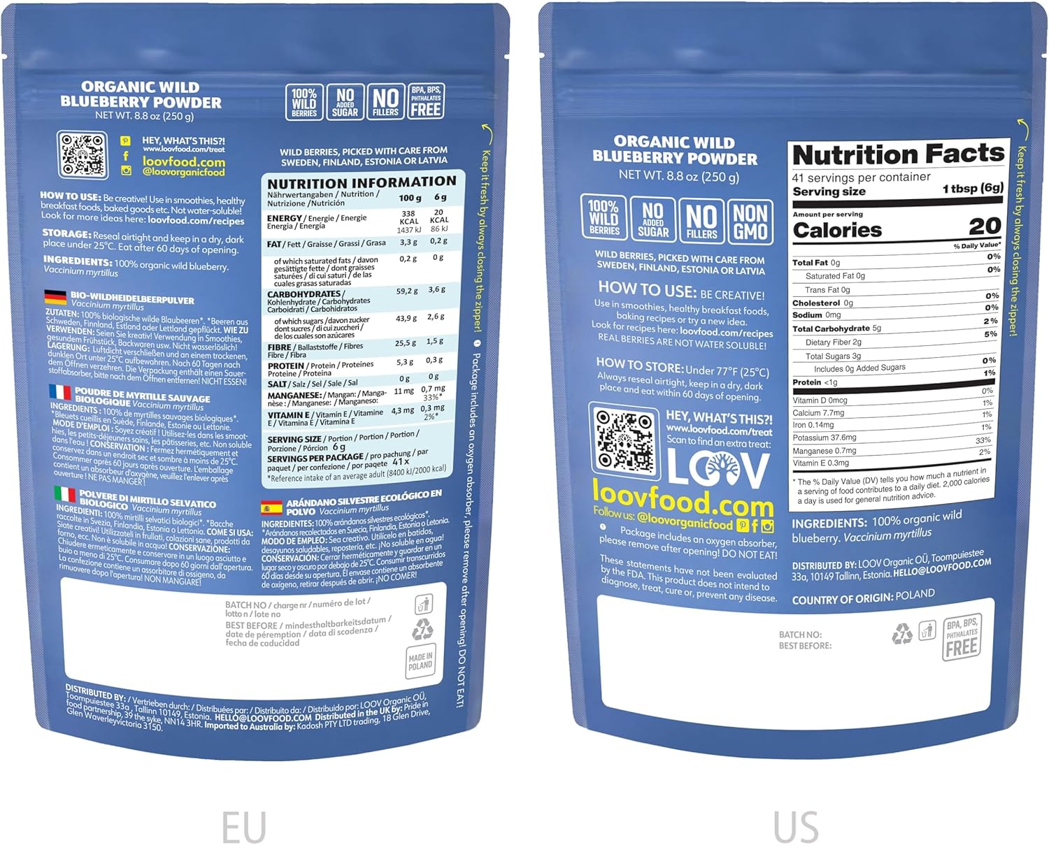 LOOV Organic Wild Blueberry Powder - 41-Day Supply, 8.8 Oz, Good for Smoothie & Breakfast, Freeze-Dried, from Northern Europe, No Added Sugar