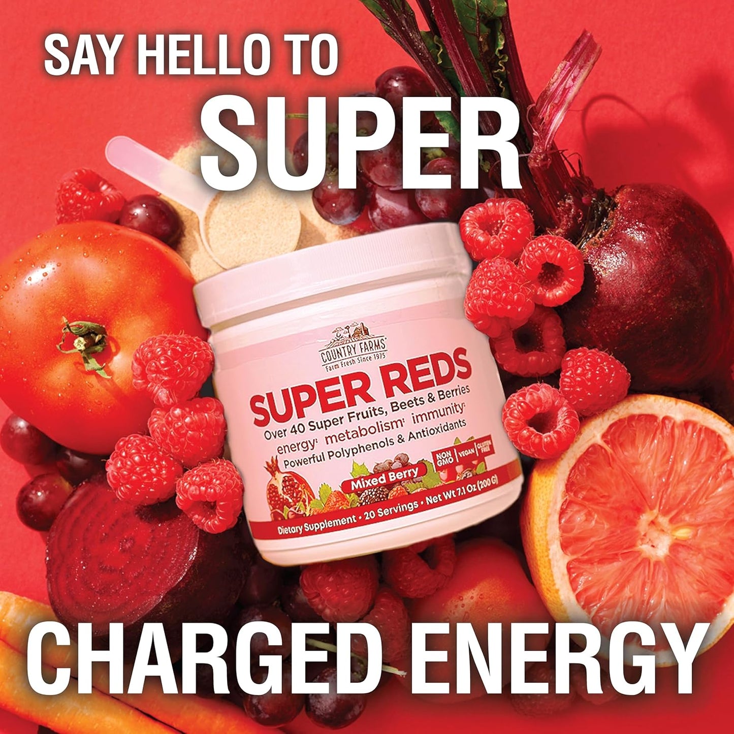 COUNTRY FARMS Super Reds, Energizing Polyphenol Superfood, Over 40 Super Fruits and Berries, Powerful Antioxidants and Polyphenols, Supports Energy, Supports Circulation, 40 Servings, Mixed Berry