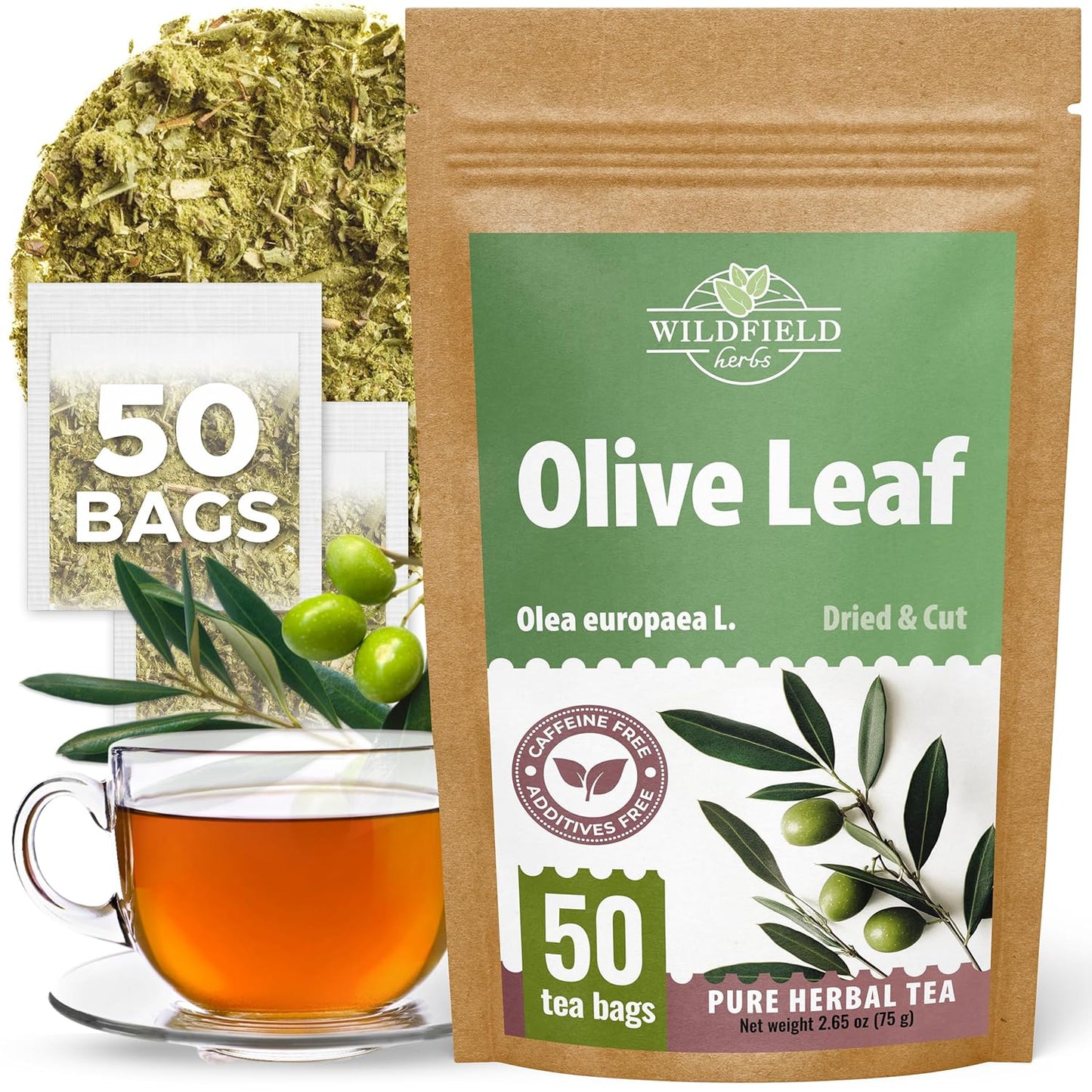 50 Bags Olive Leaf Tea Dried Olive Leaf Herbal Tea (Olea Europaea) - 50 Count 1.5 g Bags Hojas De Olivo Secas