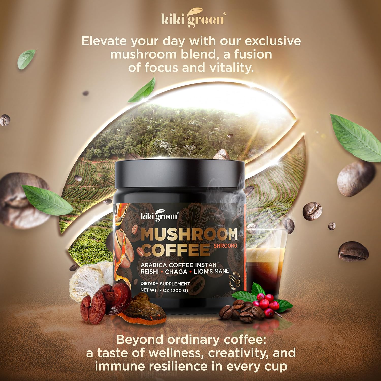 KIKI Green Mushroom Coffee - Instant Arabica Brew with Reishi, Chaga, Lion's Mane - Everyday Alternative for Focus, Energy, Immunity - 7 oz, 40 Servings