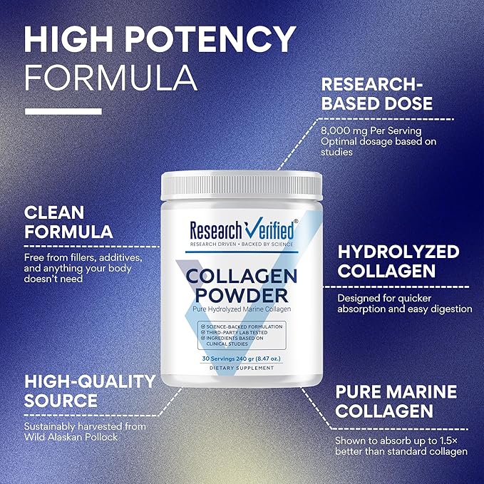 Research Verified® Collagen Powder - Hydrolyzed Marine Collagen Peptides - Unflavored - Skin Hydration and Elasticity, Muscle Recovery, Non GMO - 30 Scoops Per Container - 6 Month Supply