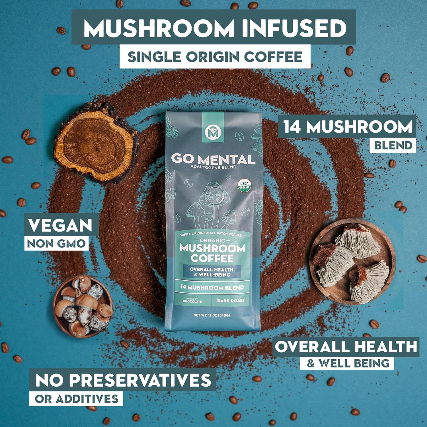 Organic 14 Mushroom Coffee Blend Dark Roast, Organic Lion's Mane, Chaga, Red Reishi and more, Chocolate Notes, Enhances Overall Health, Immune Support And Wellbeing, Ground 12 oz Bag