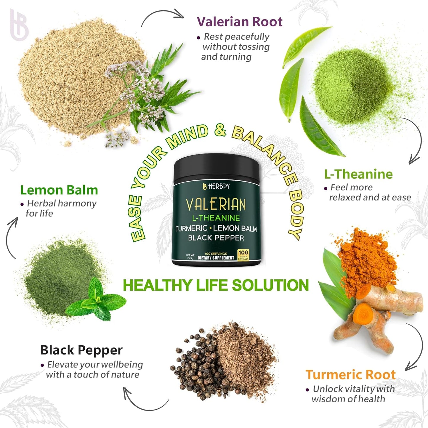 5in1 Valerian Root Capsules Plus L-Theanine, Lemon Balm, Turmeric and Black Pepper for Relaxation, Restful Night, Digestion & Immune Support - 100 Count