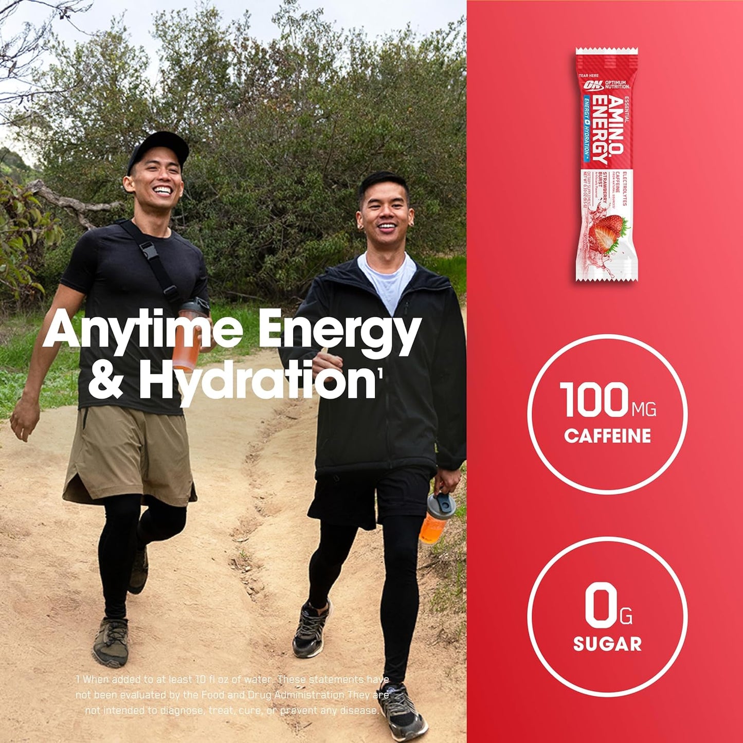 Optimum Nutrition Essential Amino Energy Plus Electrolytes Stick Packs, Energy Powder, Strawberry Burst, 7 Count