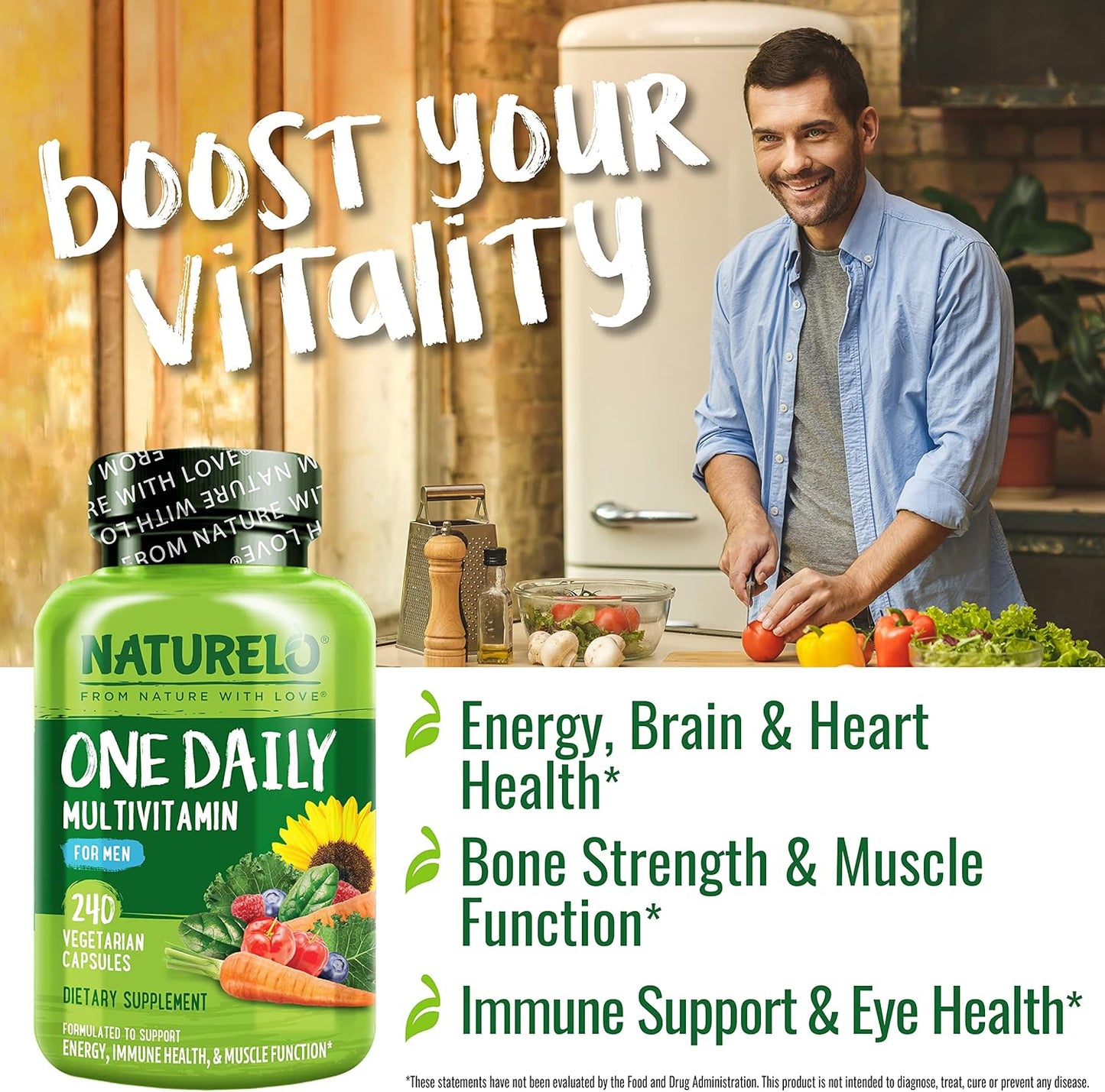NATURELO Mens Multivitamins - One Daily Multivitamin for Men with Vitamins, Minerals & Organic Whole Foods, Boost Energy & Health, Non-GMO, 240 Vegetarian Capsules