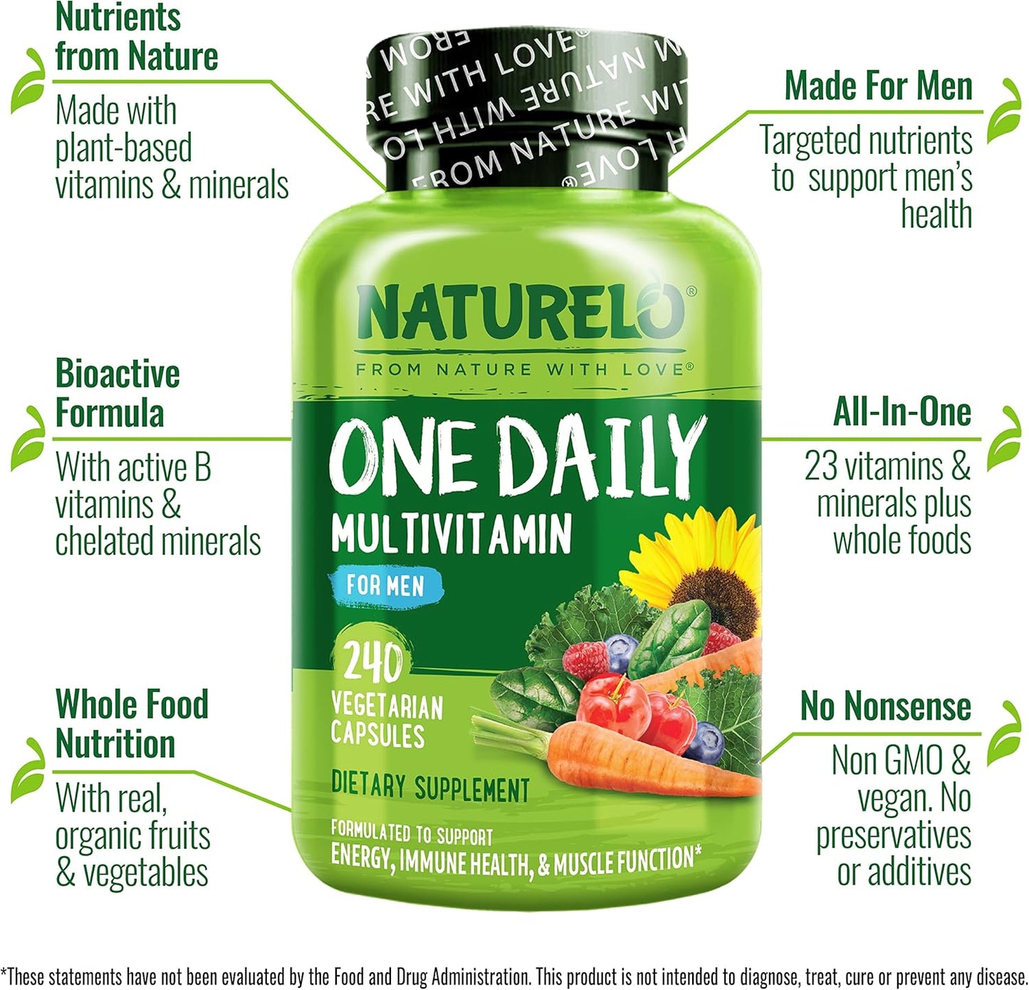 NATURELO Mens Multivitamins - One Daily Multivitamin for Men with Vitamins, Minerals & Organic Whole Foods, Boost Energy & Health, Non-GMO, 240 Vegetarian Capsules