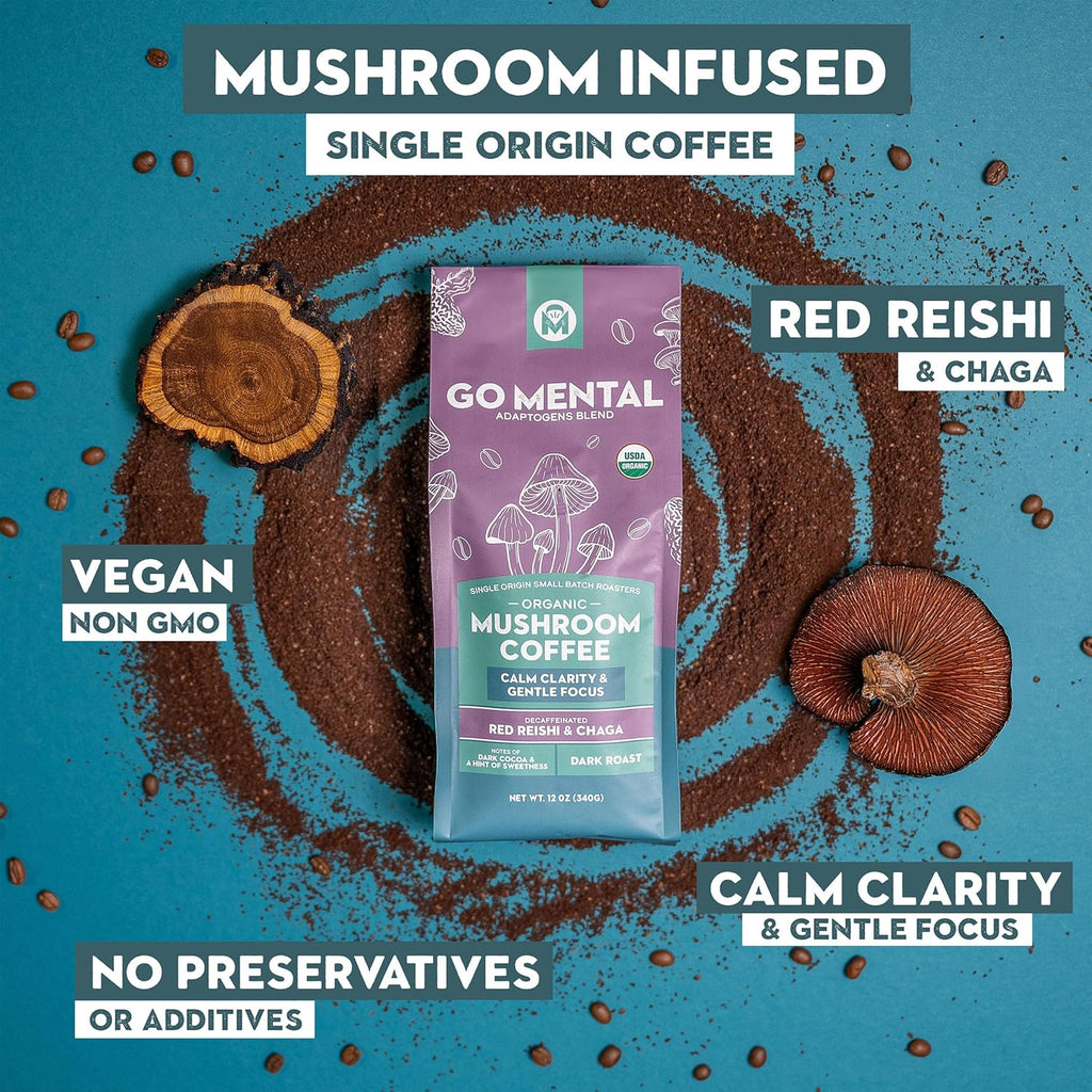 Organic Mushroom Decaffeinated Coffee Dark Roast, Red Reishi & Chaga, Swiss Water Process, Full Fruiting Bodies, Decaf for Calm and Relaxed Focus Grade 1 Single Origin Peruvian, 12oz - Ground