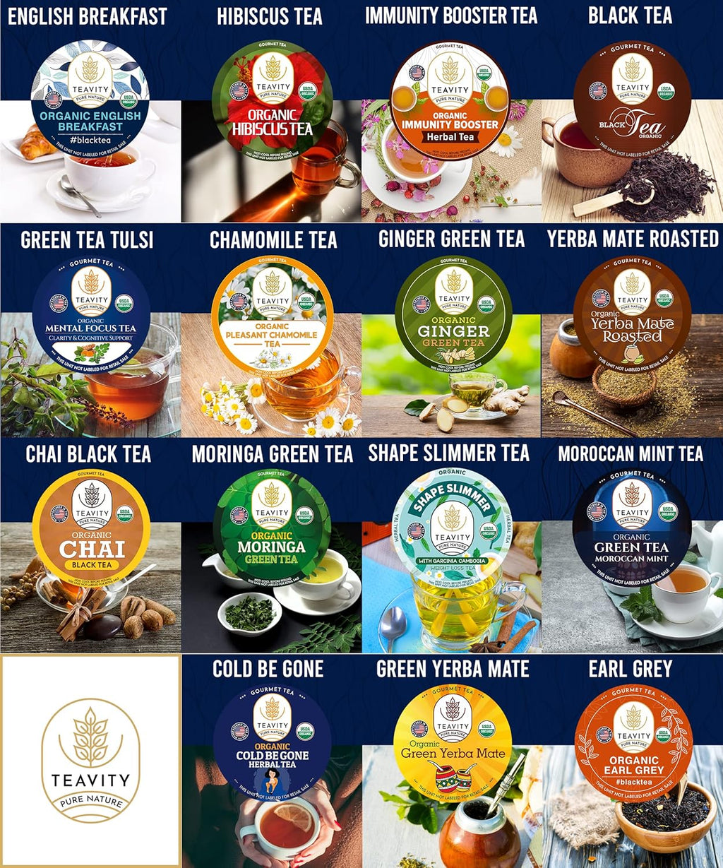 Organic Tea Pods Variety Pack - Assorted Sampler Pack Compatible for Keurig Brewer and Coffee Maker - Earl Grey, English Breakfast, Chai, Chamomile - Herbal Tea Pod for K Cup Keurig Brewing -15 count (Pack of 1) by Teavity