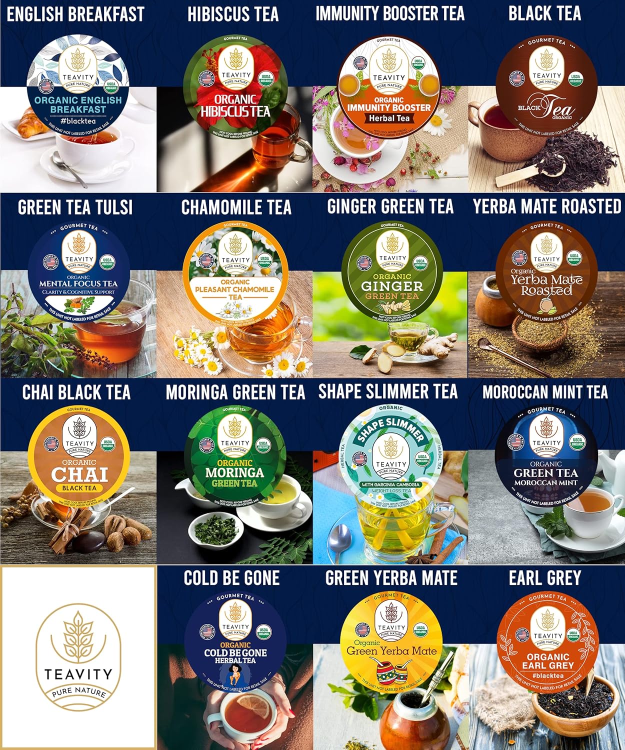 Organic Tea Pods Variety Pack - Assorted Sampler Pack Compatible for Keurig Brewer and Coffee Maker - Earl Grey, English Breakfast, Chai, Chamomile - Herbal Tea Pod for K Cup Keurig Brewing -15 count (Pack of 1) by Teavity