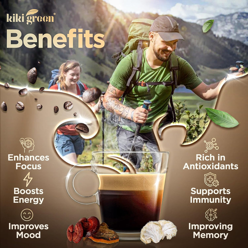 KIKI Green Mushroom Coffee - Instant Arabica Brew with Reishi, Chaga, Lion's Mane - Everyday Alternative for Focus, Energy, Immunity - 7 oz, 40 Servings