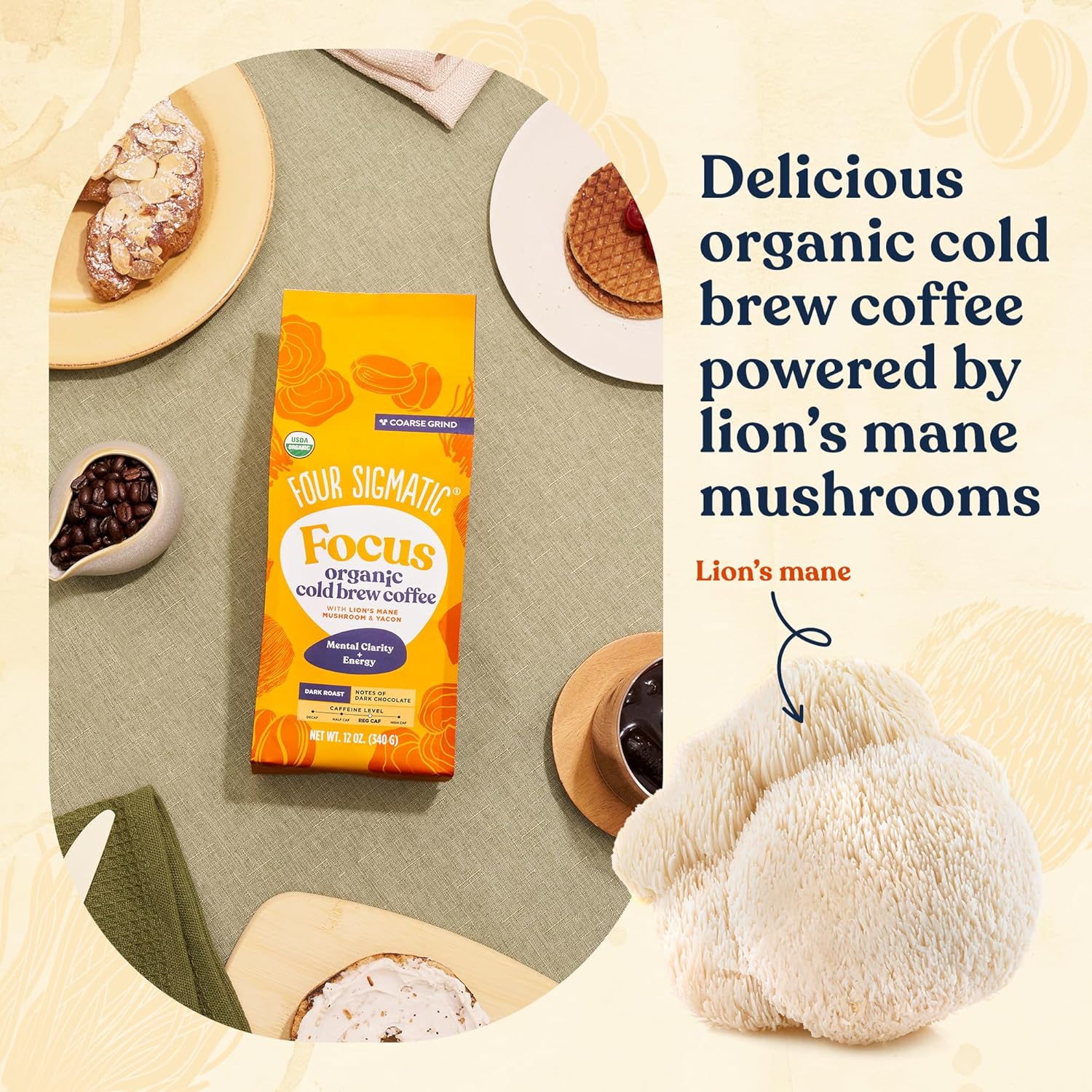 Four Sigmatic Organic Cold Brew Coffee Grounds | Dark Roast, Coarse Grounds with Lion's Mane and Chaga | Cold Brew Mushroom Coffee for Crash-Free Focus | 12 oz Bag