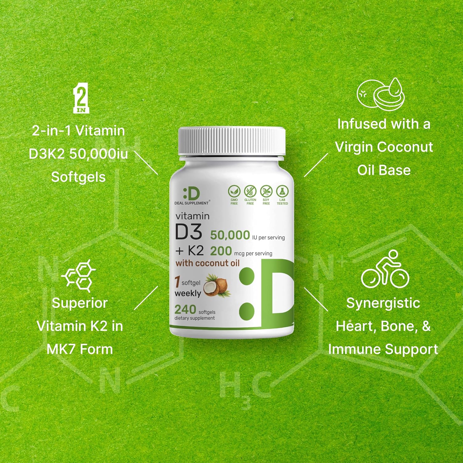 DEAL SUPPLEMENT Vitamin D3 50,000 IU + K2 MK7 200mcg Softgels, 240 Count | 2-in-1 Complex with Virgin Coconut Oil | Supports Heart, Bone, Teeth & Immune Health | Easy to Swallow