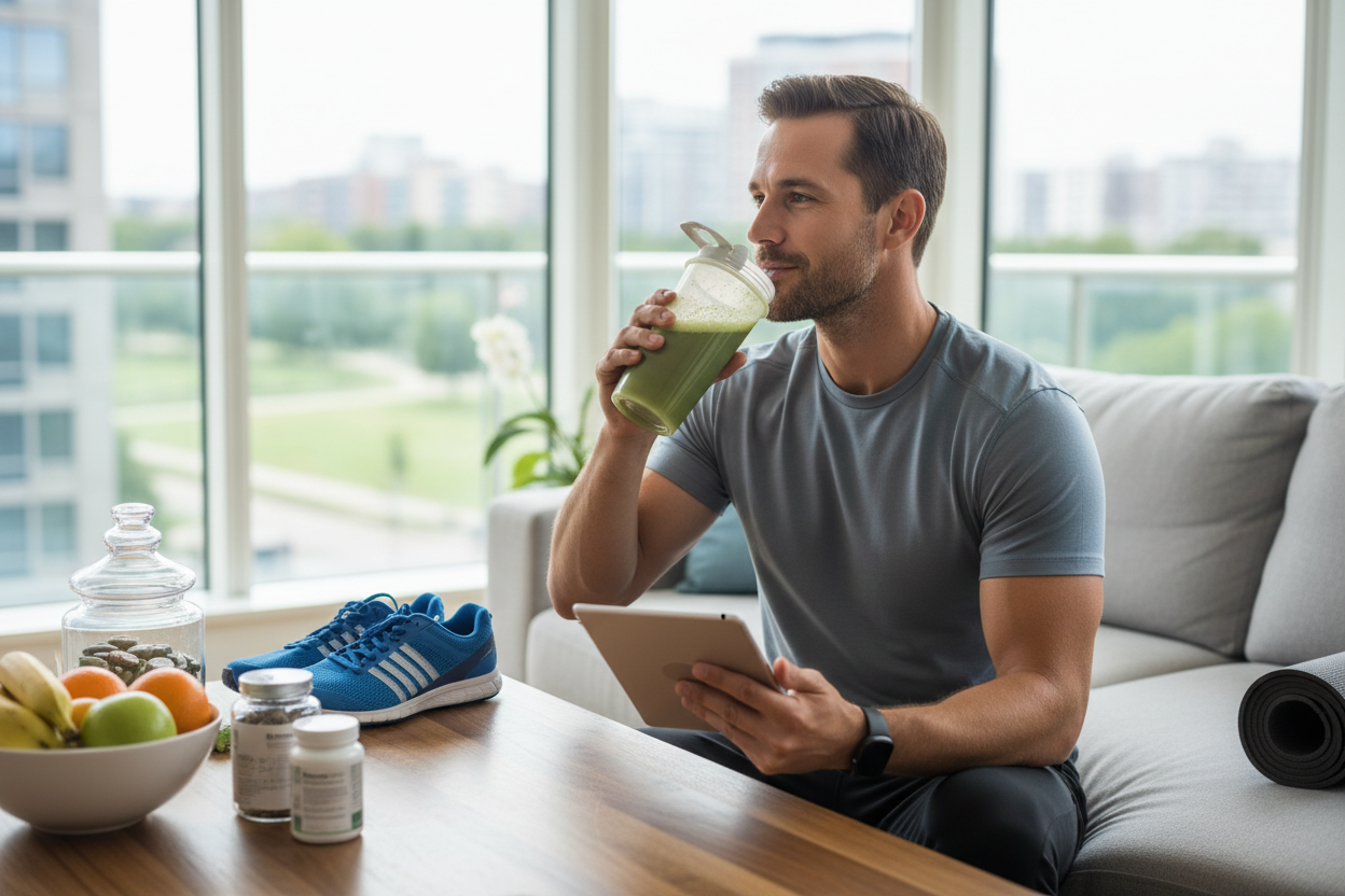 man drinking health supplements